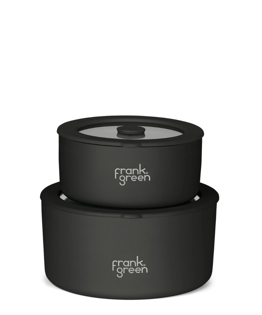 Frank Green stainless steel bowls with glass lids, 2-pack, including 700ml and 1500ml sizes for homeware storage.