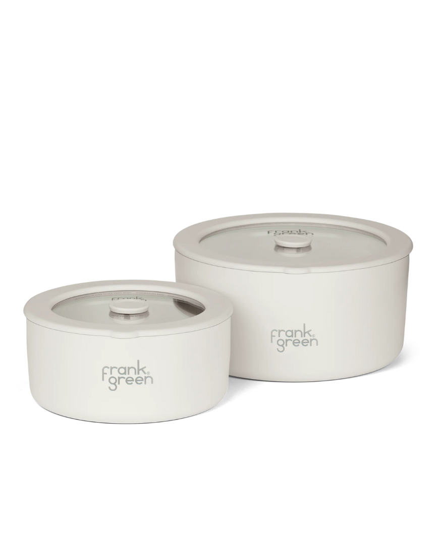 Frank Green stainless steel bowls with glass lids, 700ml and 1500ml, showcasing durable homeware storage containers.