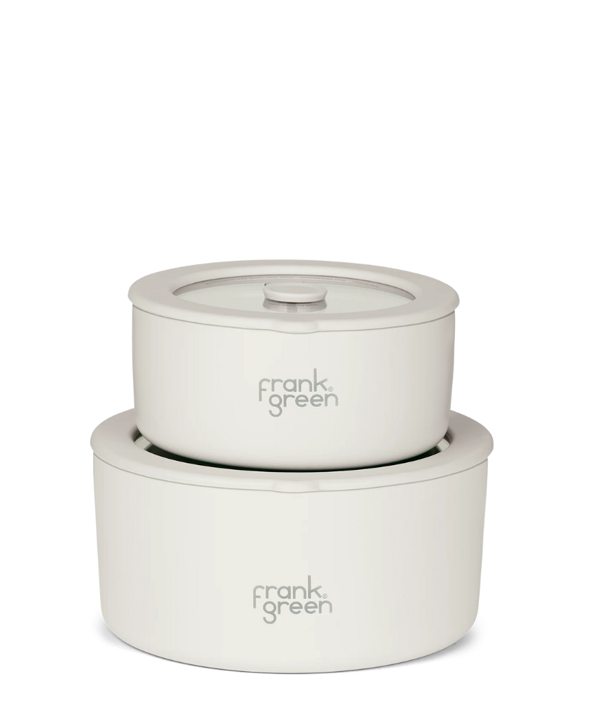 Frank Green stainless steel bowls with glass lids, 2-pack in 700ml and 1500ml sizes, ideal for home storage and organization.