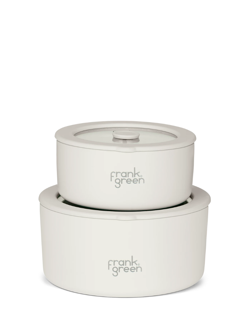 Frank Green stainless steel bowls with glass lids, 2-pack in 700ml and 1500ml sizes, ideal for home storage and organization.