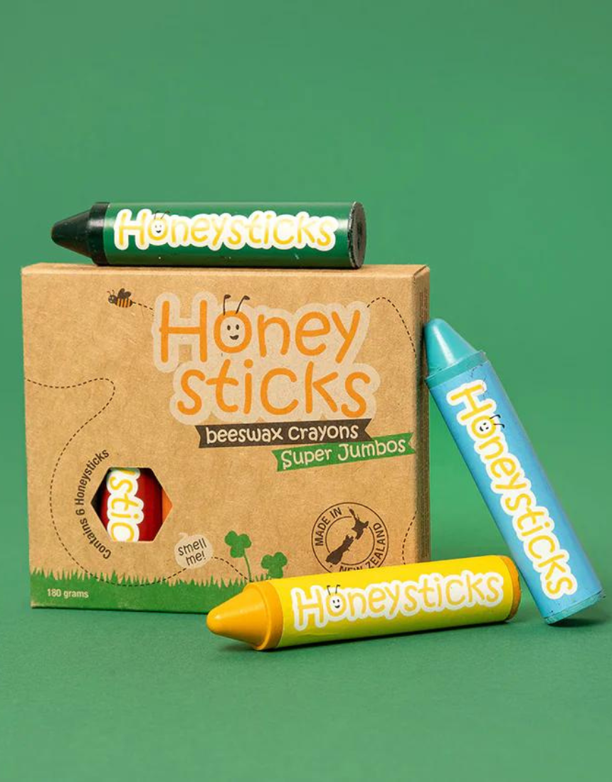 Bright beeswax crayons from Honeysticks Australia in super jumbo size, showing vibrant colors and large crayon sticks.