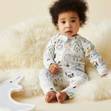 Baby Halcyon Nights Big Adventures long sleeve zip suit with colorful adventure print and soft fabric for comfortable wear.