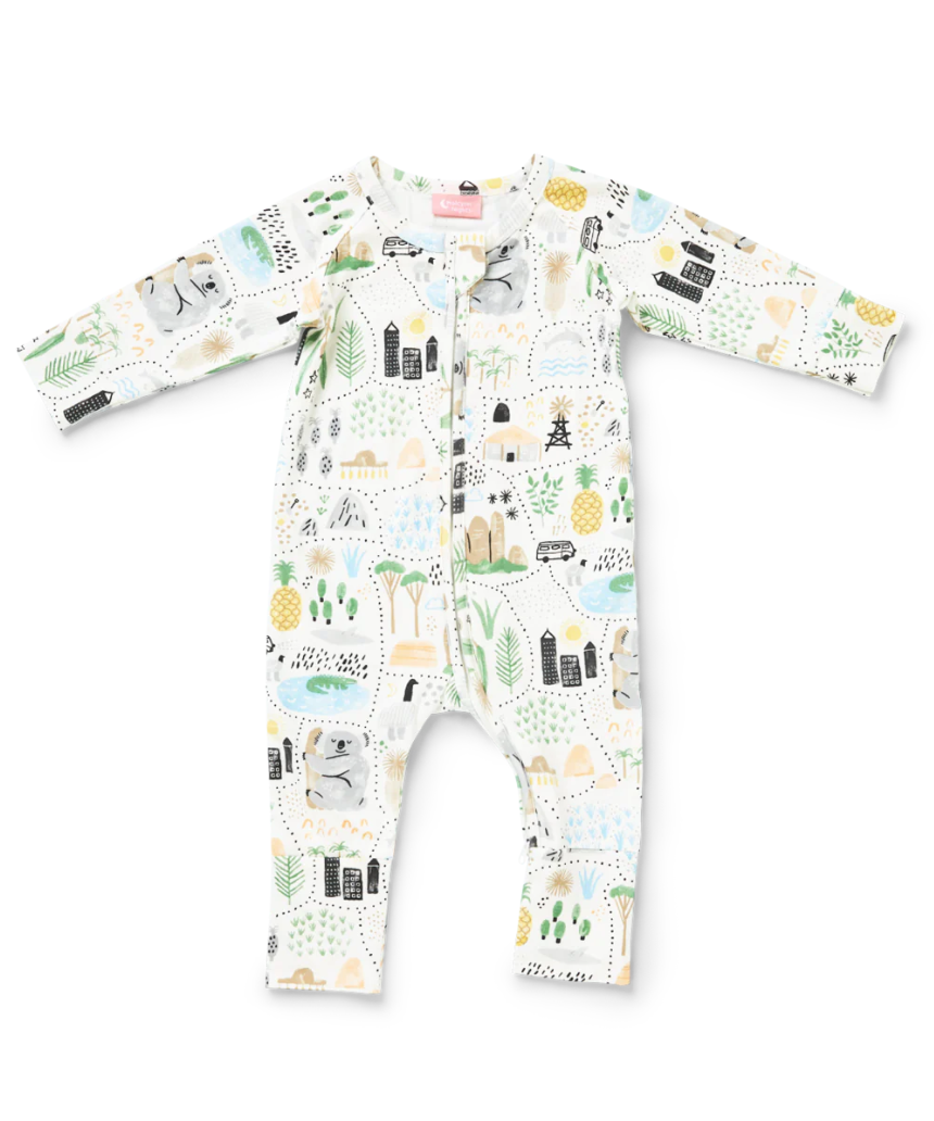 Baby wearing Halcyon Nights Big Adventures long sleeve zip suit, featuring colorful adventure-themed print and soft fabric.