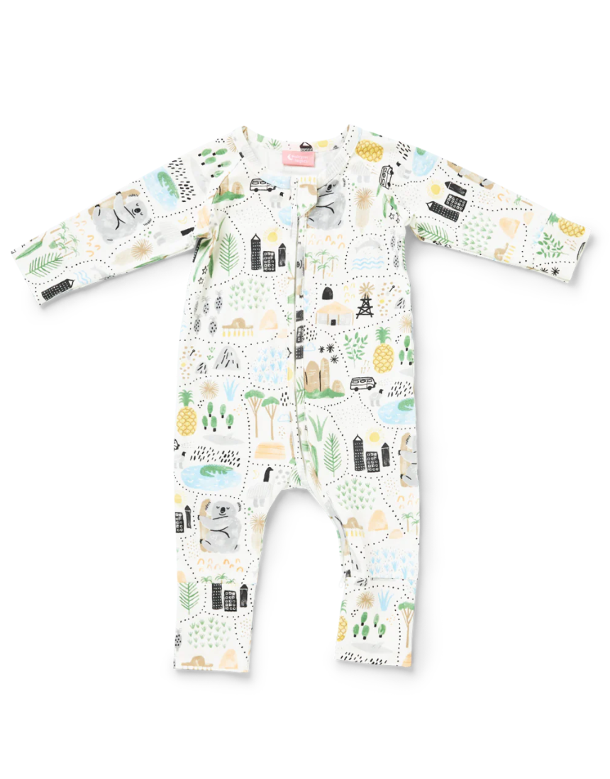 Baby wearing Halcyon Nights Big Adventures long sleeve zip suit, featuring colorful adventure-themed print and soft fabric.