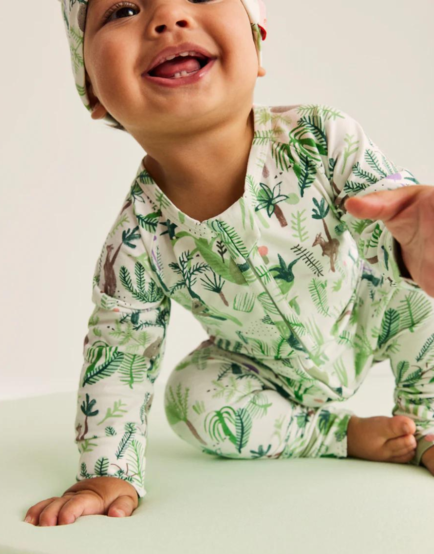 Baby Halcyon Nights Fern Gully long sleeve zip suit with leafy fern print, soft fabric, and front zipper for easy dressing.