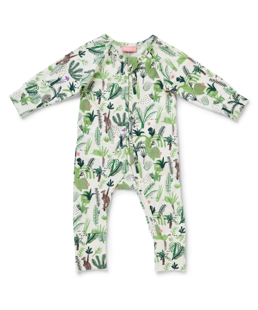 Baby Halcyon Nights Fern Gully long sleeve zip suit with leafy print, soft fabric, and front zipper for easy dressing.