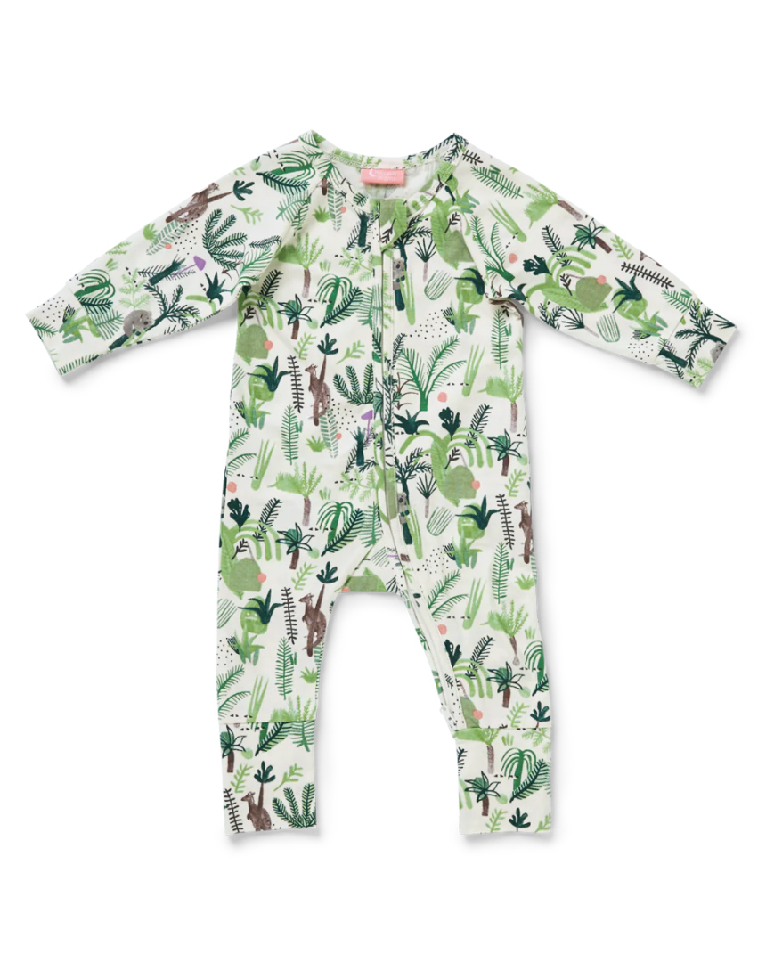 Baby Halcyon Nights Fern Gully long sleeve zip suit with leafy print, soft fabric, and front zipper for easy dressing.
