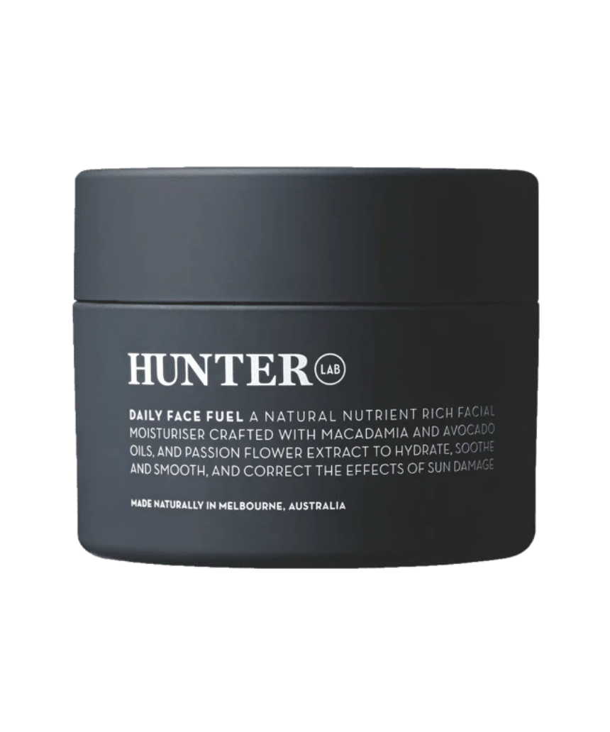 Hunter Lab Daily Face Fuel 100ml in a sleek bottle, designed for nourishing and hydrating the skin as part of a daily skincare routine.