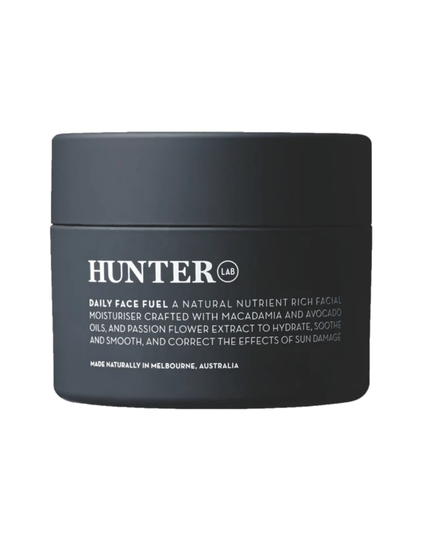 Hunter Lab Daily Face Fuel 100ml in a sleek bottle, designed for nourishing and hydrating the skin as part of a daily skincare routine.
