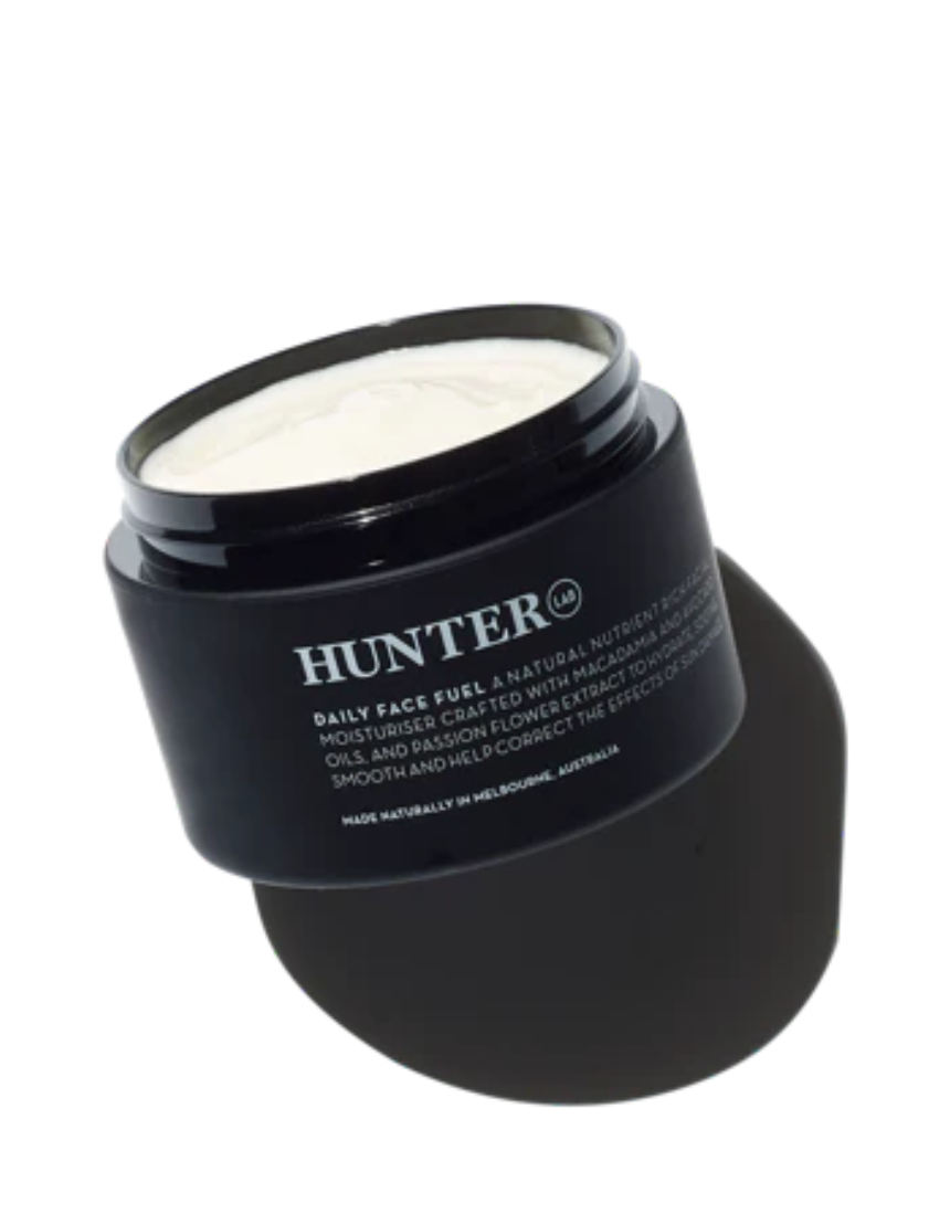 Hunter Lab Daily Face Fuel in 100ml bottle, a nourishing bath and body skincare product with a sleek design.