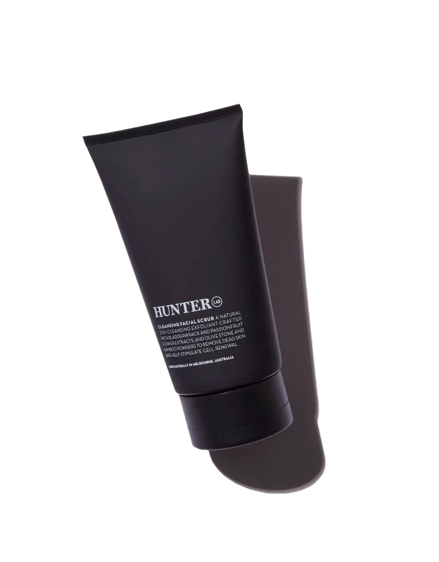 Hunter Lab Cleansing Facial Scrub in 150g jar, featuring exfoliating beads and a creamy texture for clean, refreshed skin.