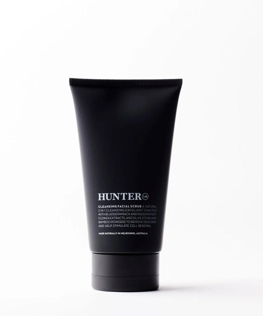Hunter Lab Cleansing Facial Scrub in 150g container, a natural bath and body exfoliant with a textured scrub surface.