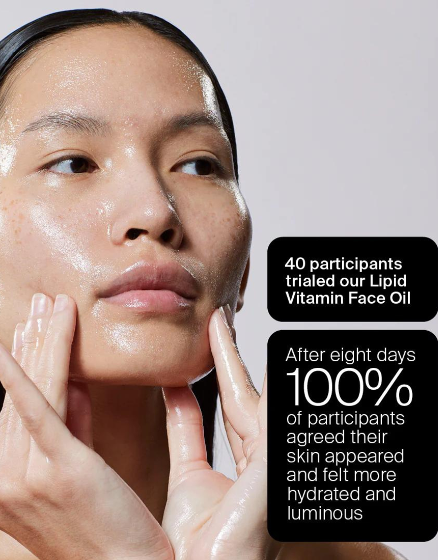 Hunter Lab Lipid Vitamin Face Oil in a 30ml bottle, suitable for skincare, with a clear label and dropper applicator.