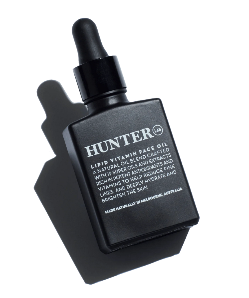 Hunter Lab Lipid Vitamin Face Oil 30ml in a clear glass bottle, designed for nourishing face and skin care.