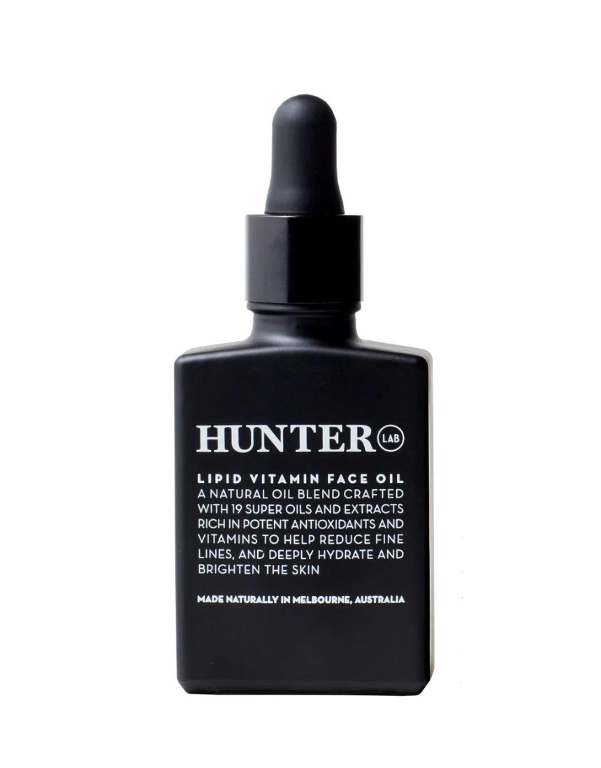 Hunter Lab Lipid Vitamin Face Oil 30ml in a clear glass dropper bottle, designed for nourishing and hydrating skin.