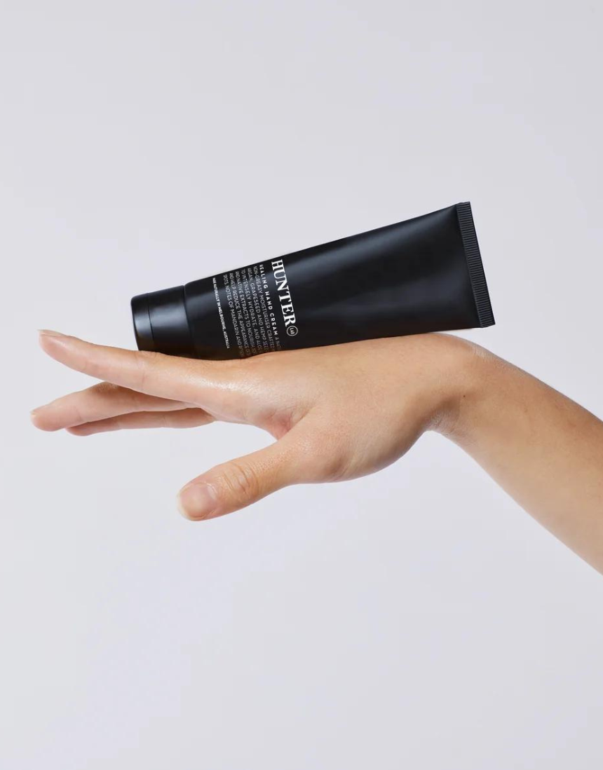 Hunter Lab Healing Hand Cream in 80ml tube, smooth texture, and natural ingredients for nourishing hand care.