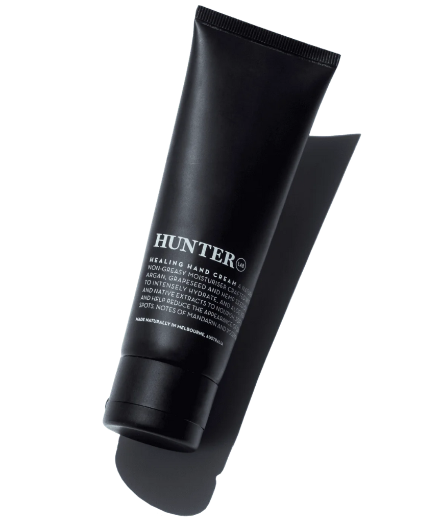 Hunter Lab Healing Hand Cream 80ml bottle with pump dispenser, moisturizing bath and body product for soft, healthy skin.