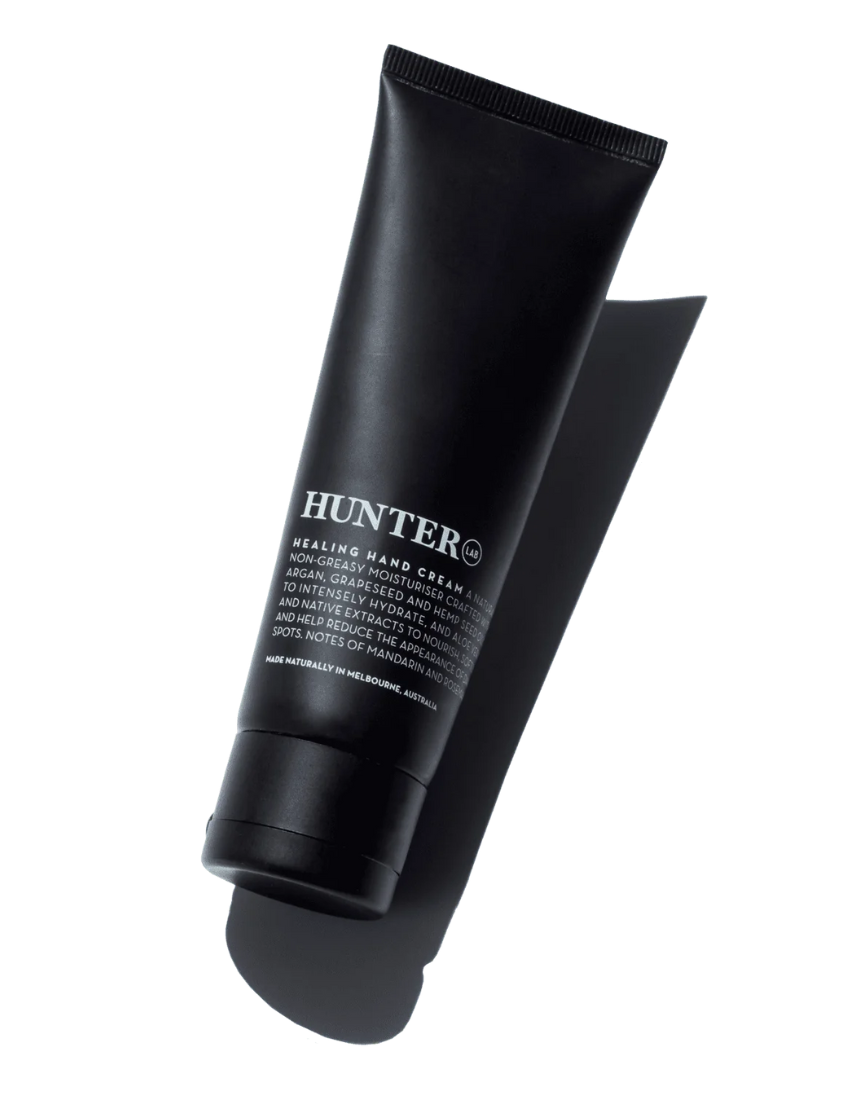Hunter Lab Healing Hand Cream 80ml bottle with pump dispenser, moisturizing bath and body product for soft, healthy skin.