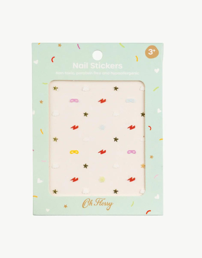 Kids nail stickers by Oh Flossy featuring colorful, fun designs perfect for young children to decorate their nails.