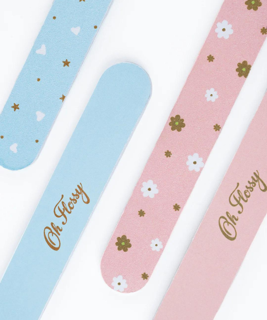 Oh Flossy kids nail files in bright colors, designed for gentle and safe nail shaping for children.