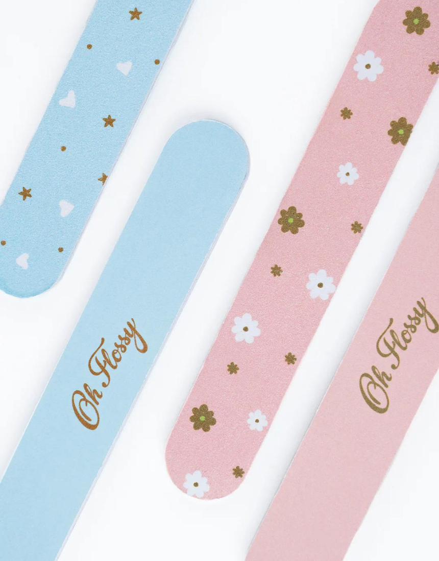 Oh Flossy kids nail files in bright colors, designed for gentle and safe nail shaping for children.