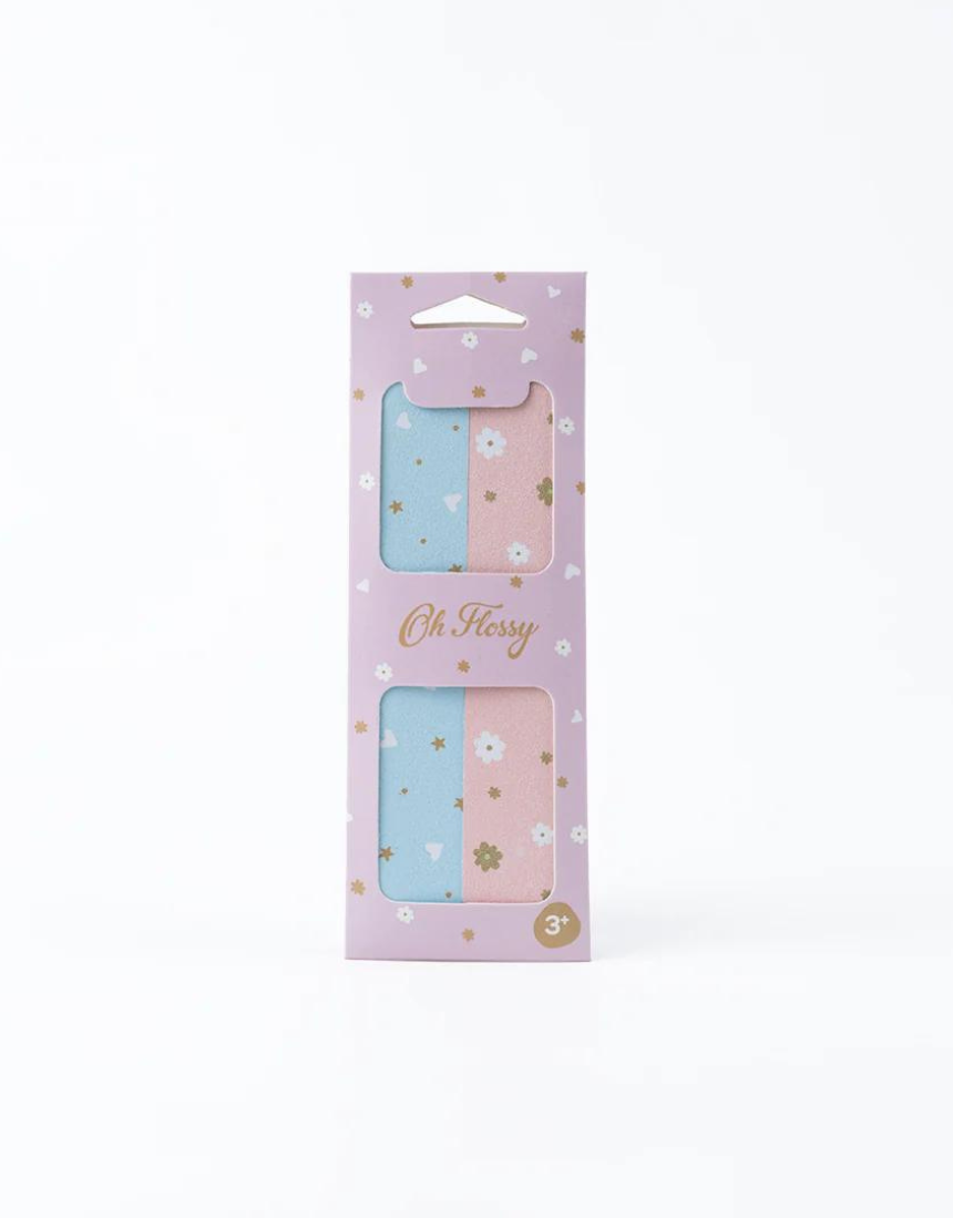 Kids nail files by Oh Flossy with colorful handles, designed for gentle nail grooming for children.