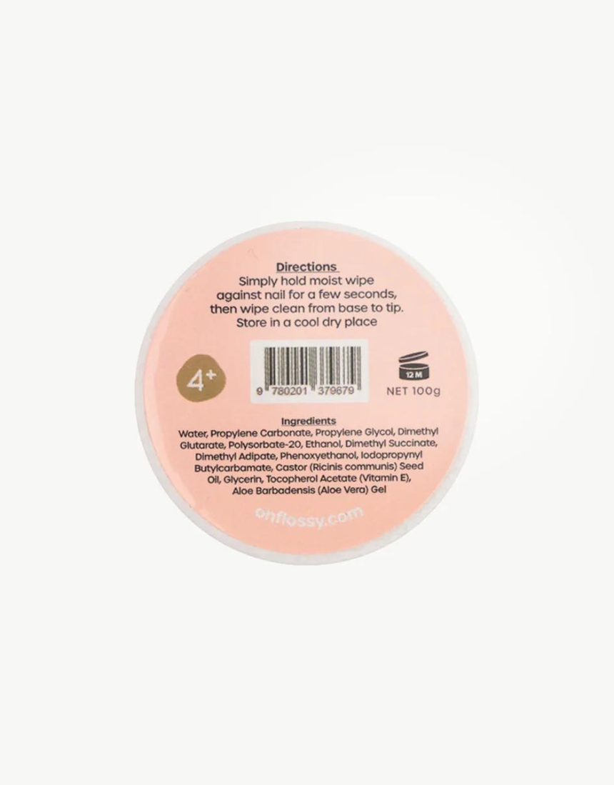 Kids Oh Flossy water-based nail polish remover wipes in a colorful package, designed for gentle nail cleaning for children.