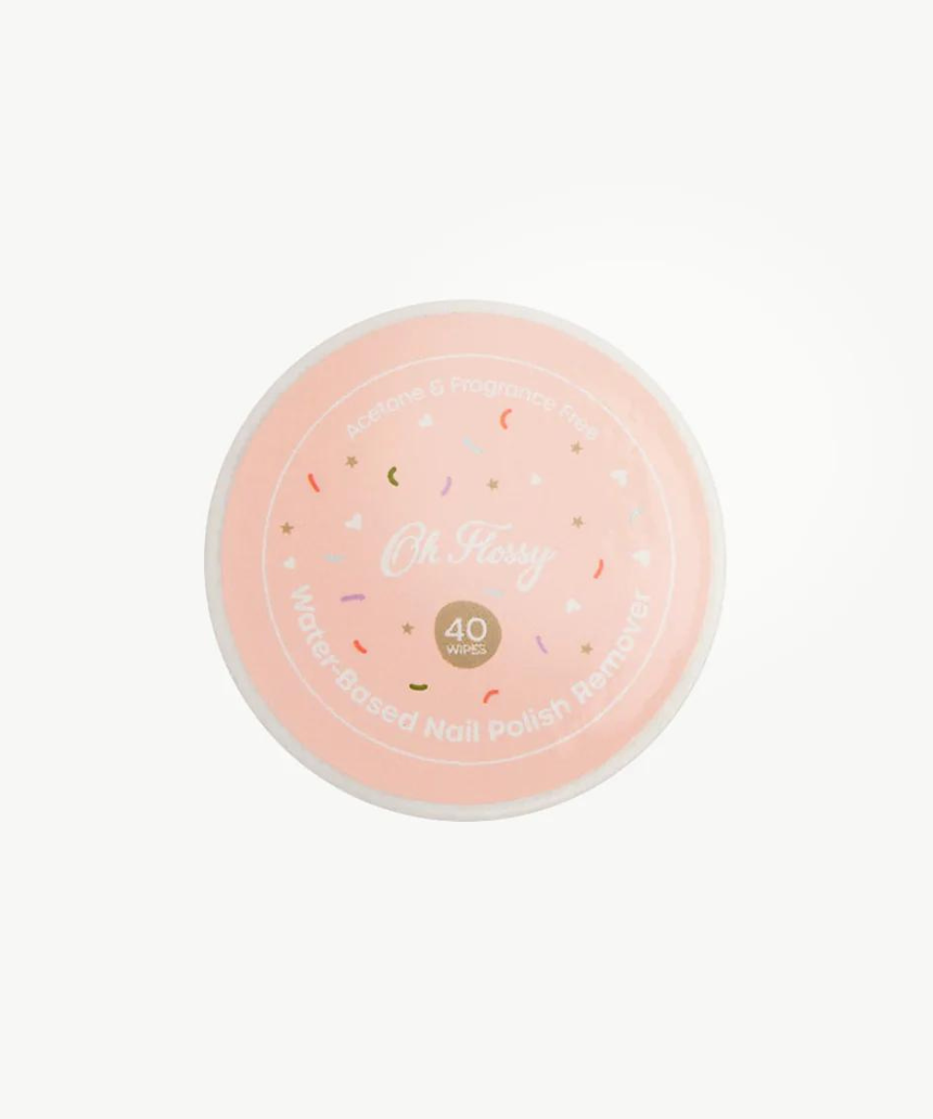 Kids water-based nail polish remover wipes by Oh Flossy, soft cloths with gentle formula for easy nail polish removal.