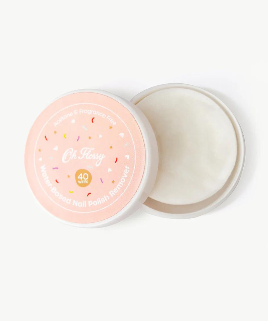 Kids Oh Flossy water-based nail polish remover wipes in a colorful package, designed for gentle, easy nail polish removal for children.