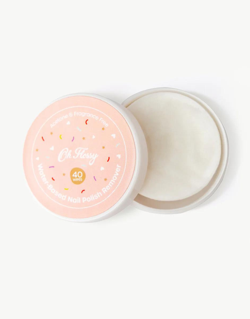Kids Oh Flossy water-based nail polish remover wipes in a colorful package, designed for gentle, easy nail polish removal for children.