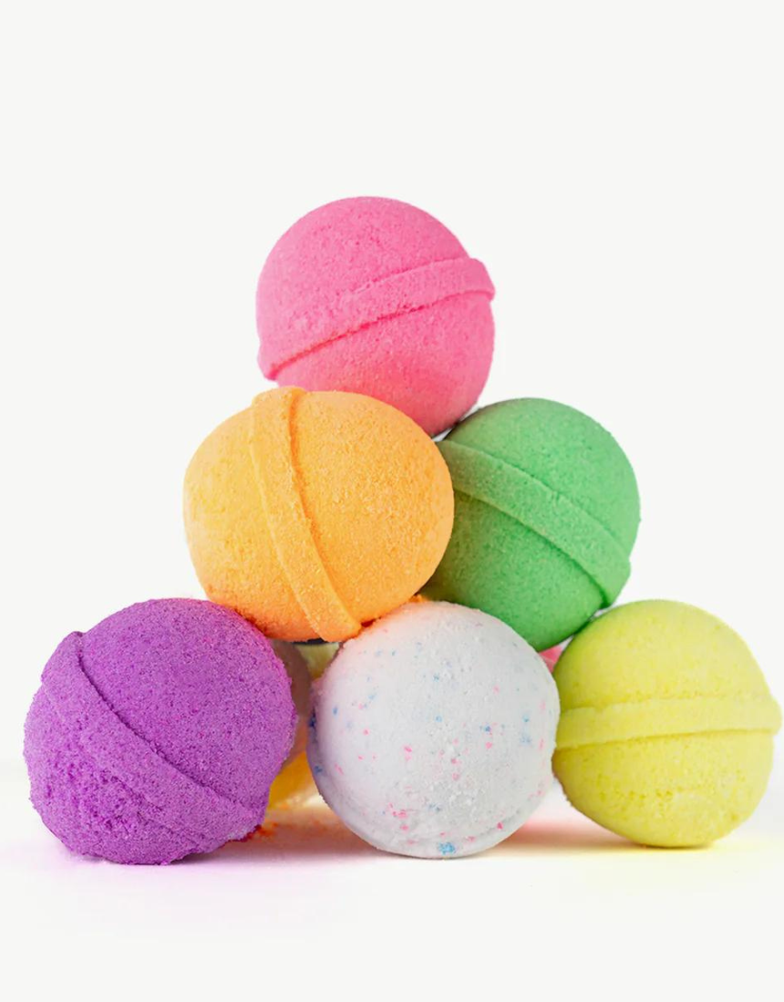 Colorful Oh Flossy Kids Mini Bath Bombs set with small, vibrant bath bombs for children in playful packaging.
