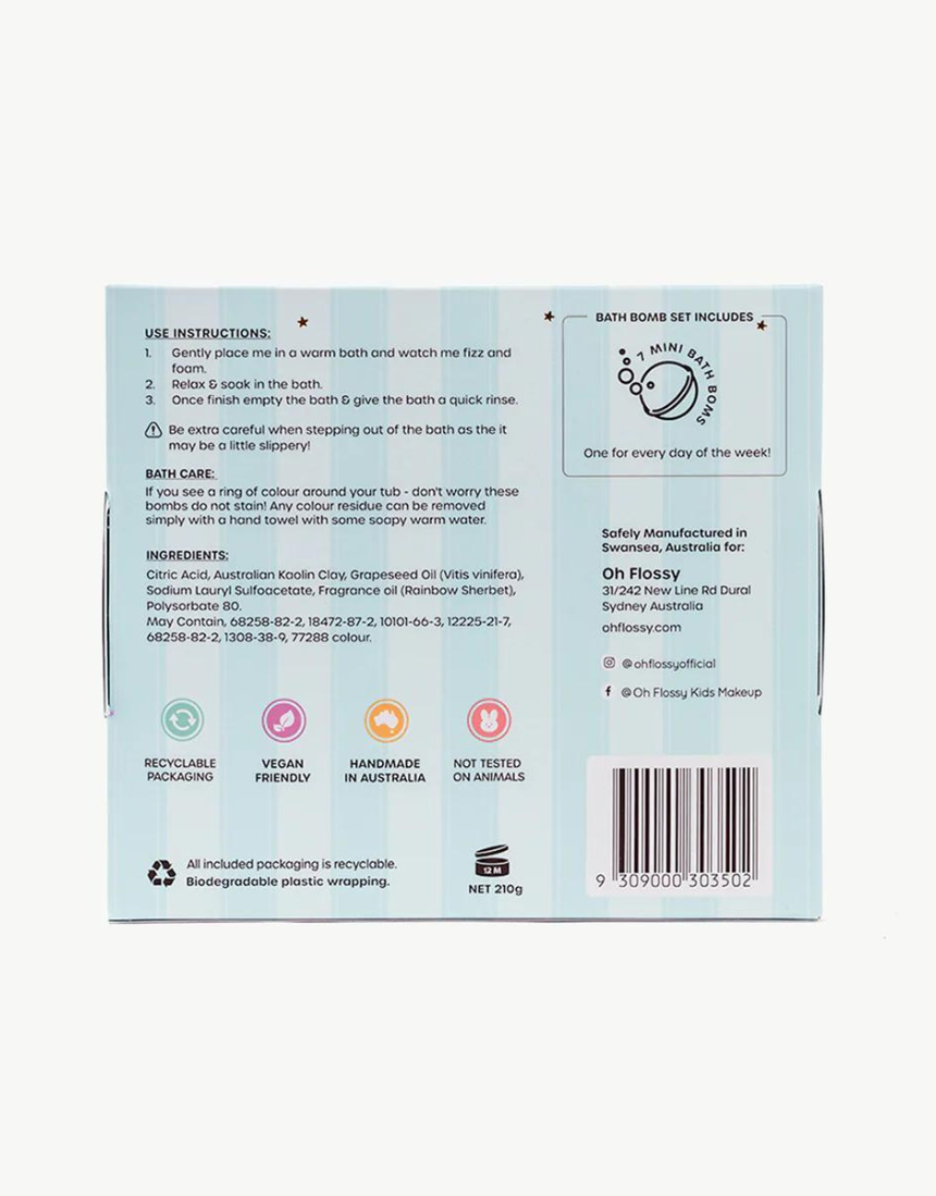 Colorful Oh Flossy Kids Mini Bath Bombs in vibrant packaging, designed for children’s bath time fun.