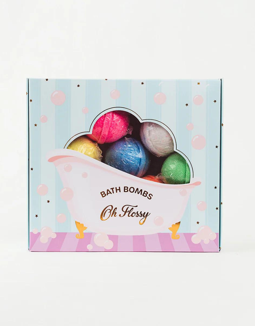 Colorful Oh Flossy Kids Mini Bath Bombs in various vibrant shades, designed for children’s bath time fun and relaxation.