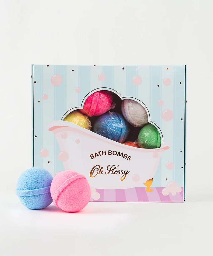 Colorful Oh Flossy Kids Mini Bath Bombs set with small, round bath bombs in bright pastel colors, designed for children's bath time.