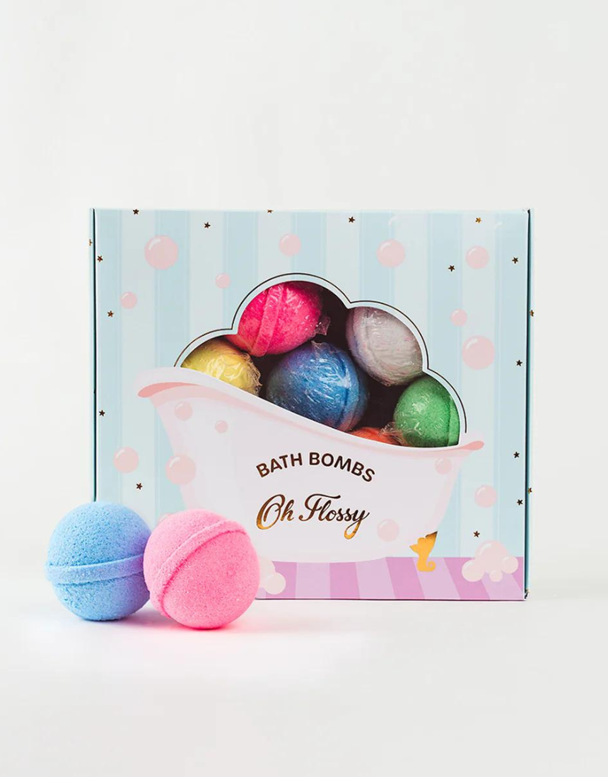 Colorful Oh Flossy Kids Mini Bath Bombs set with small, round bath bombs in bright pastel colors, designed for children's bath time.