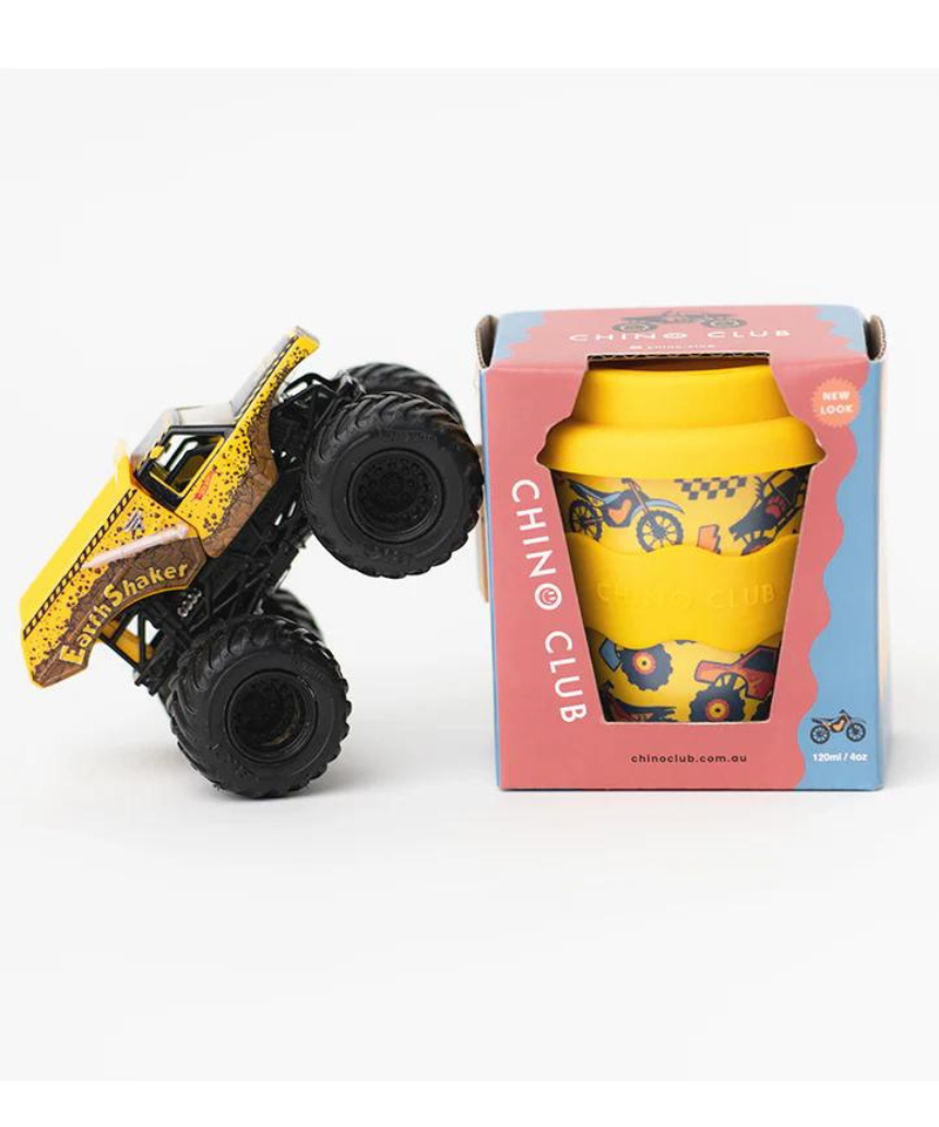 Chino Club Wheelies Baby Chino Cup 4oz for kids, small white plastic cup with colorful design, ideal for young children.
