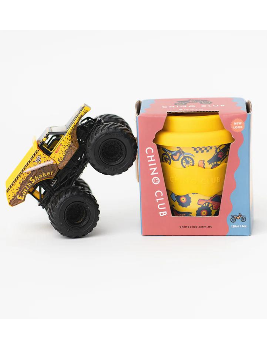 Chino Club Wheelies Baby Chino Cup 4oz for kids, small white plastic cup with colorful design, ideal for young children.