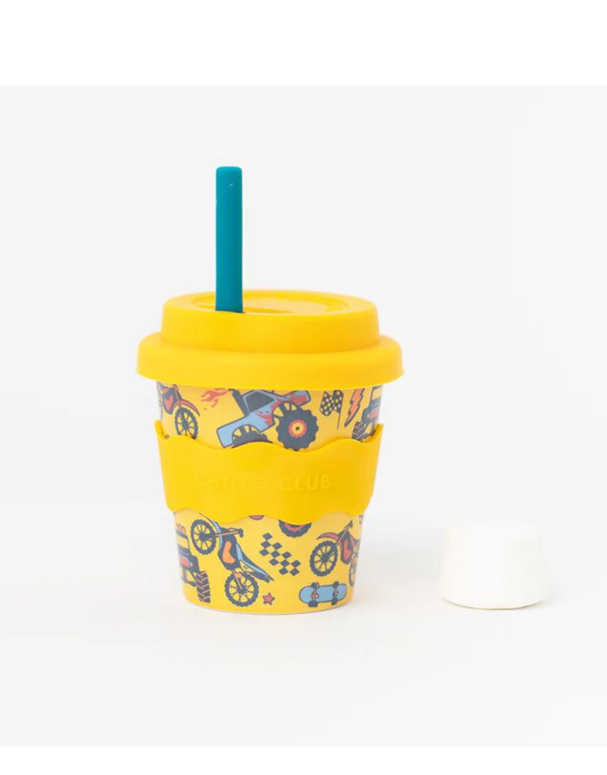 Chino Club Wheelies Baby Chino Cup 4oz for kids, small plastic cup with colorful design and secure lid, ideal for young children.