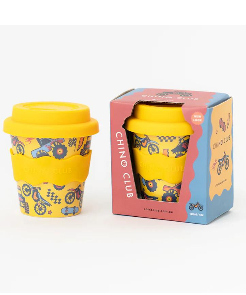 Chino Club Wheelies Baby Chino Cup 4oz for kids, small plastic cup with colorful design and secure lid, ideal for young children.
