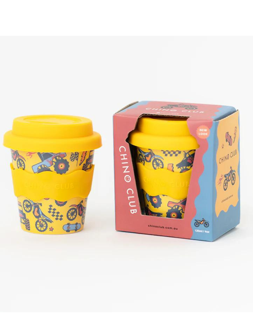Chino Club Wheelies Baby Chino Cup 4oz for kids, small plastic cup with colorful design and secure lid, ideal for young children.