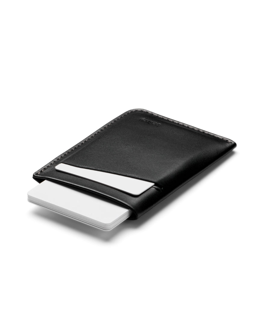 Bellroy Card Sleeve 2nd Edition in black showing sleek leather wallet with multiple card slots and minimalist design.