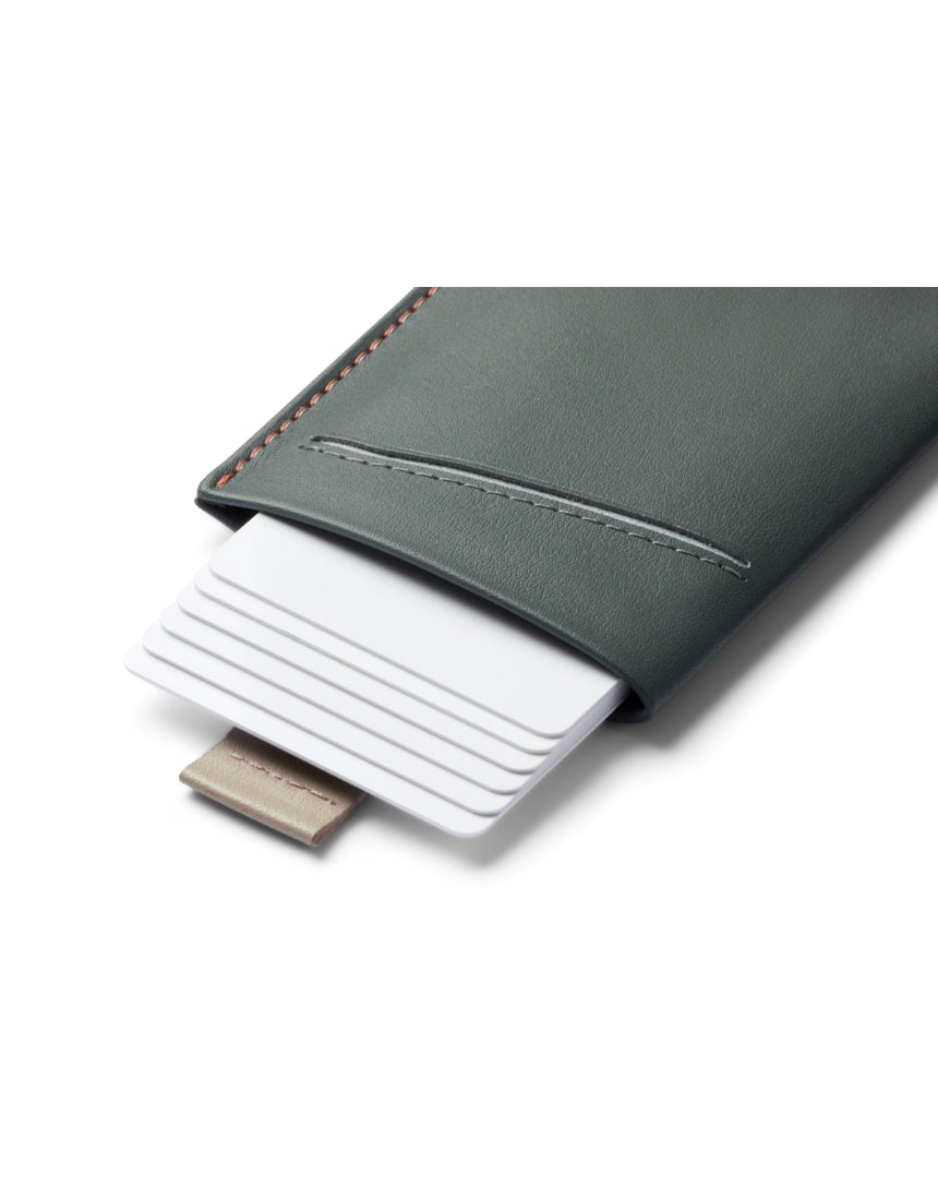 Bellroy Card Sleeve 2nd Edition in Everglade leather showing multiple card slots and sleek slim design.