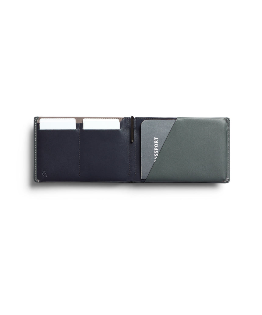 Bellroy Travel Wallet in Everglade leather showing multiple card slots and a spacious cash compartment.