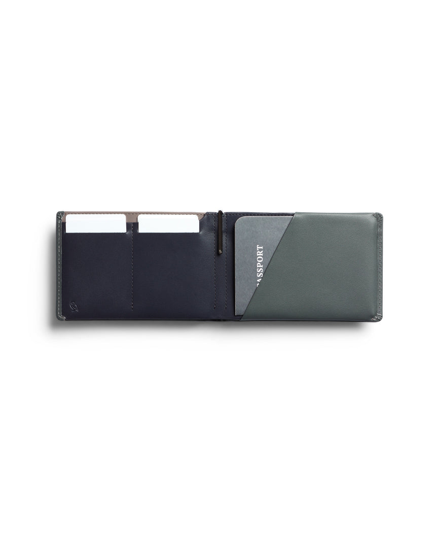 Bellroy Travel Wallet in Everglade leather showing multiple card slots and a spacious cash compartment.