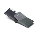 Bellroy Travel Wallet in Everglade leather showing multiple card slots, cash compartment, and sleek design for organized travel.