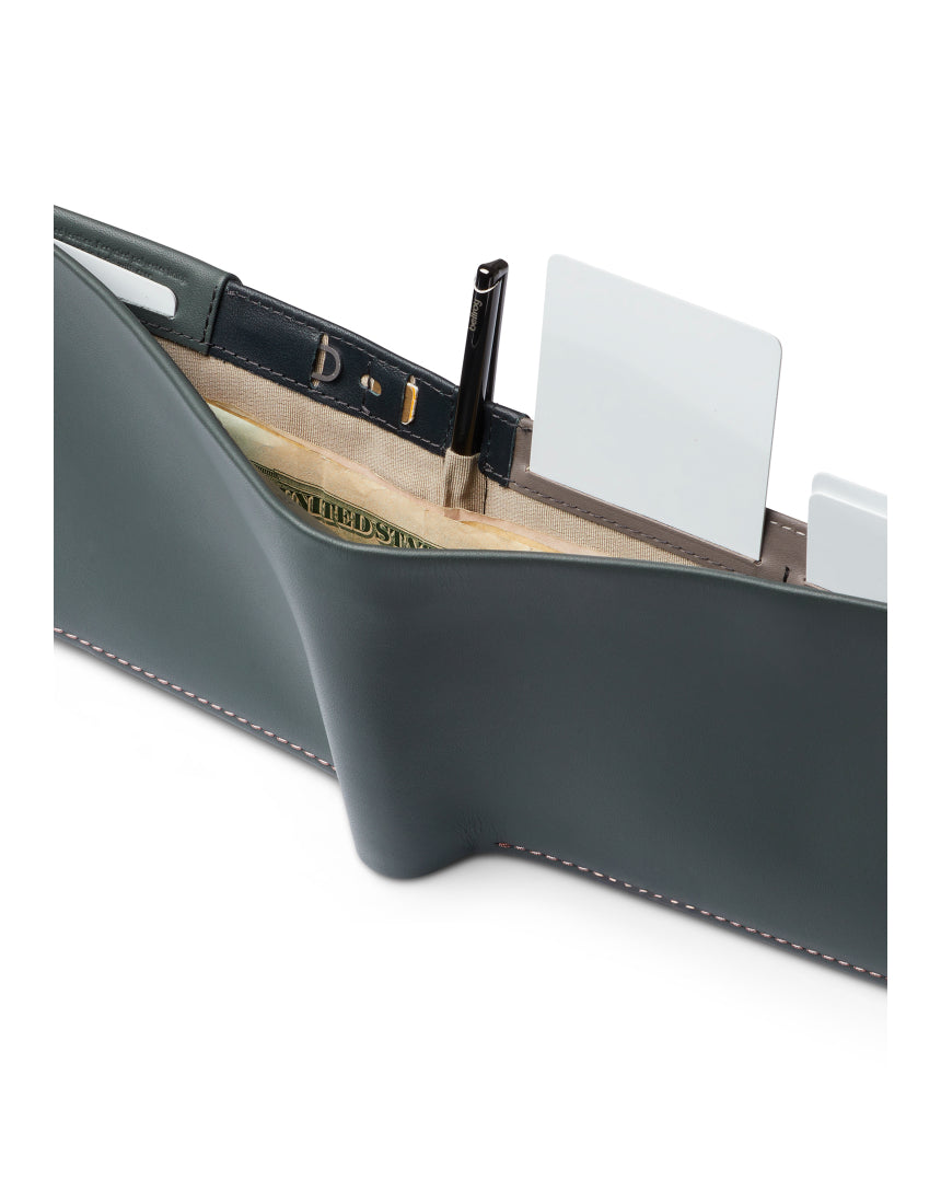 Bellroy Travel Wallet in Everglade leather showing multiple card slots, cash pocket, and sleek design for organized travel storage.