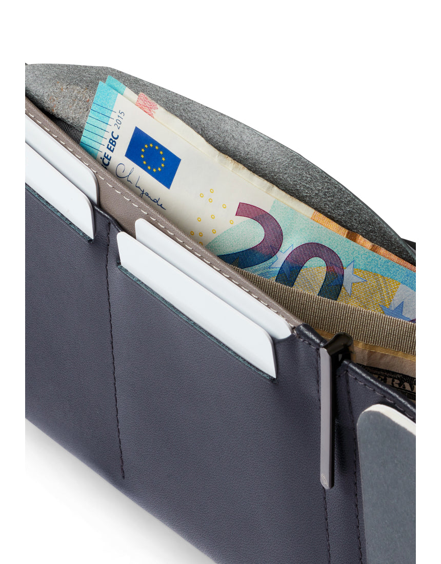 Bellroy Travel Wallet in Everglade leather showing multiple card slots and a cash compartment on a neutral background.