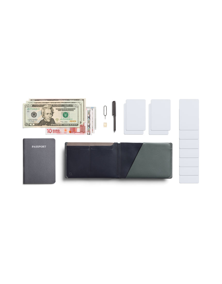 Bellroy Travel Wallet in Everglade leather, featuring multiple card slots and a slim design for secure travel organization.