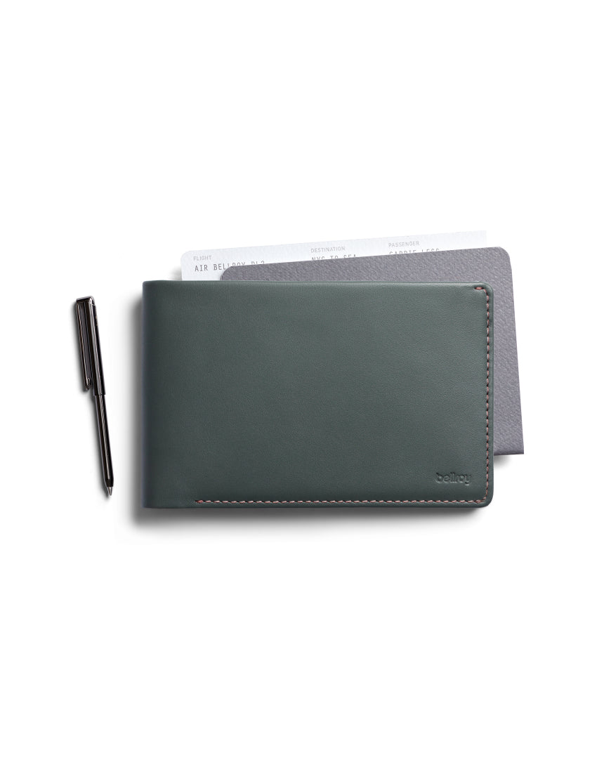 Bellroy Travel Wallet in Everglade leather showing multiple card slots and a bill compartment.