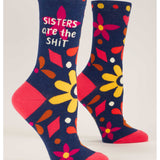 Blue Q Sisters are the Shit crew socks in vibrant blue with fun, bold lettering and comfortable fit.